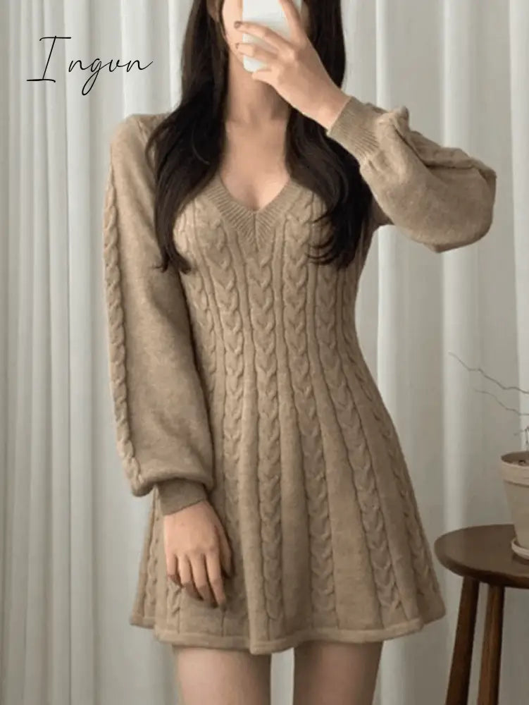 Ingvn - V Neck Cable Knit Long Sleeve Mini Dress