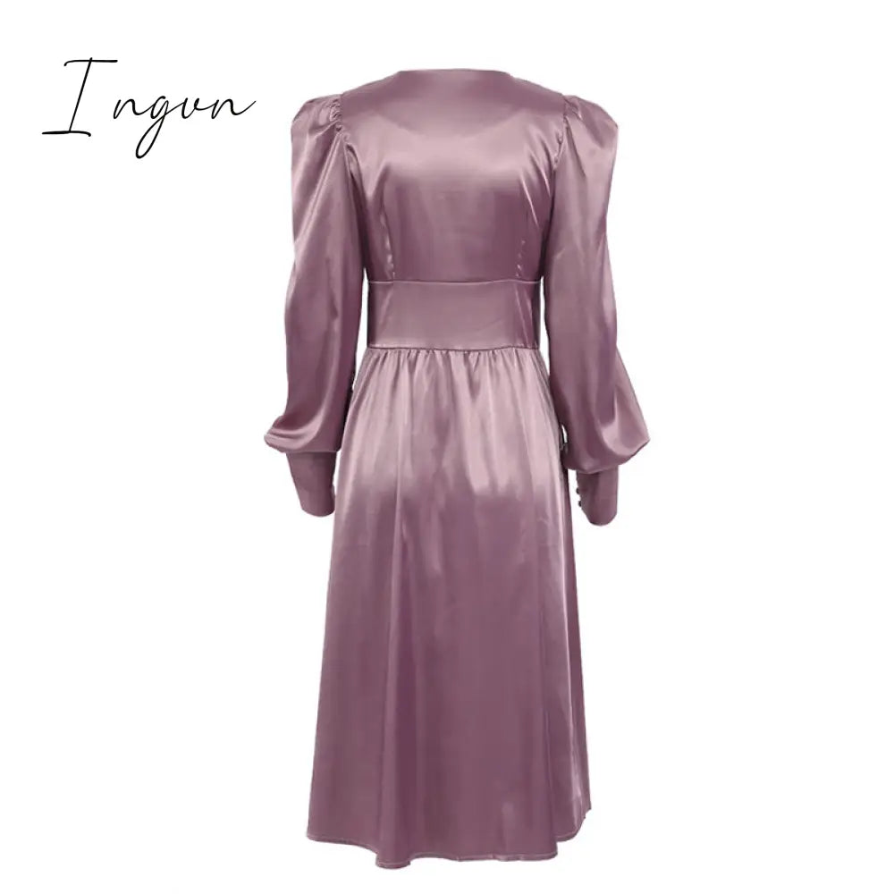 Ingvn - Elegant spring satin bishop sleeve a-line dress women V-neck high waist button dress solid Vintage long dresses chic