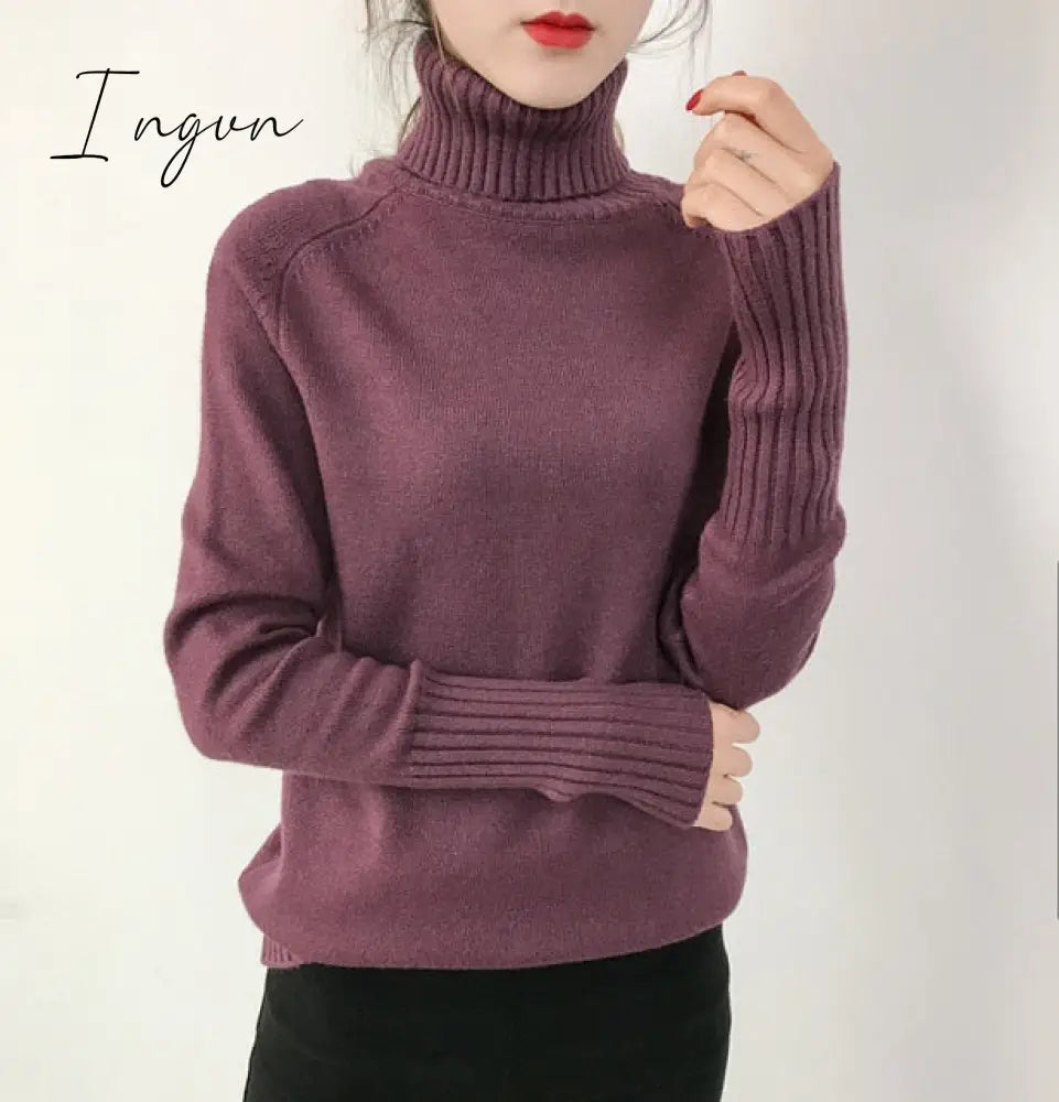 Ingvn - Cashmere Knitted Sweater Women Autumn Winter Korean Turtleneck Long Sleeve Pullover Female Jumper Green Knitwear