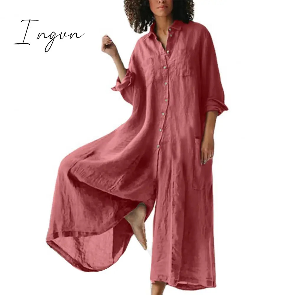 Ingvn - Cotton Linen Women Jumpsuit Oversized Vintage Button Jumpsuit Summer Women Casual Beach Playsuit Wide Legs Pants Loose Romper