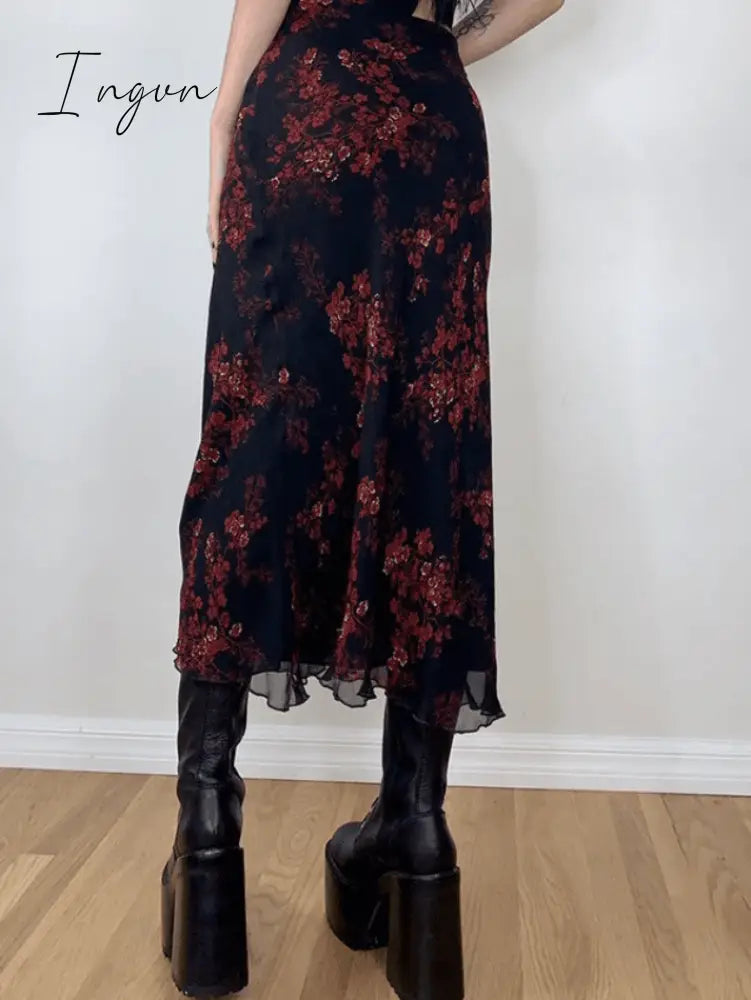 Mesh Paneled Floral Midi Skirt