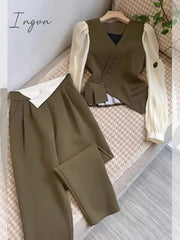 Ingvn - Women's Autumn British Style Trousers Suit V-neck Irregular Short Small Blazer and Wide Leg Trousers Two Office Ladies Piece Set