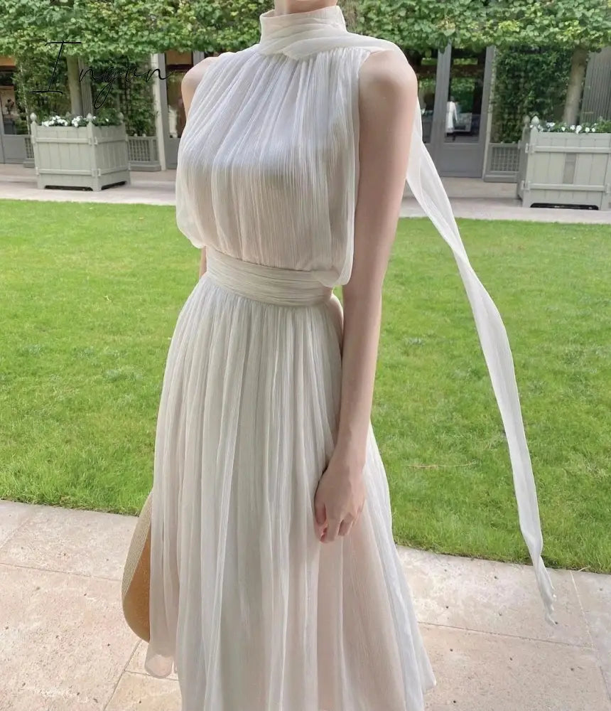 Ingvn - 2023 Summer Elegant Women's Dress Gentle High Collar Sleeveless Solid Chiffion Midi Dress Fashion Sexy Korea Sundress Vestido