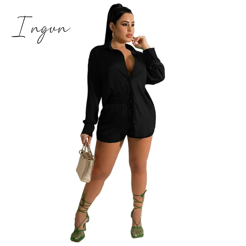 Ingvn - Women Elegant Satin Two Piece Sets Casual Feamle Solid Loose Outfits Long Sleeve Shirt And Wide Leg Straight Pants Suits