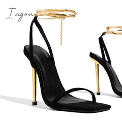 Ingvn - Herringbone Adjustable Ankle Chain Open Squared Toe Heels