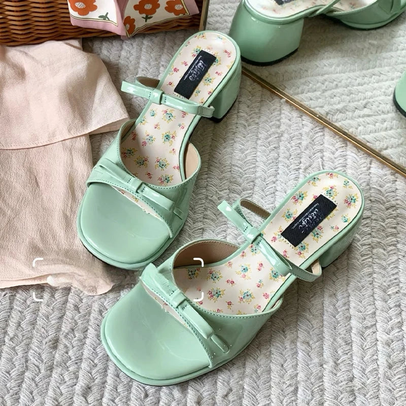 High Heels Women Slippers Bow Chunky Heeled Shoes Dress Fashion Woman Sandals 2025 New Designer Pumps Luxury Sandalias De Mujer