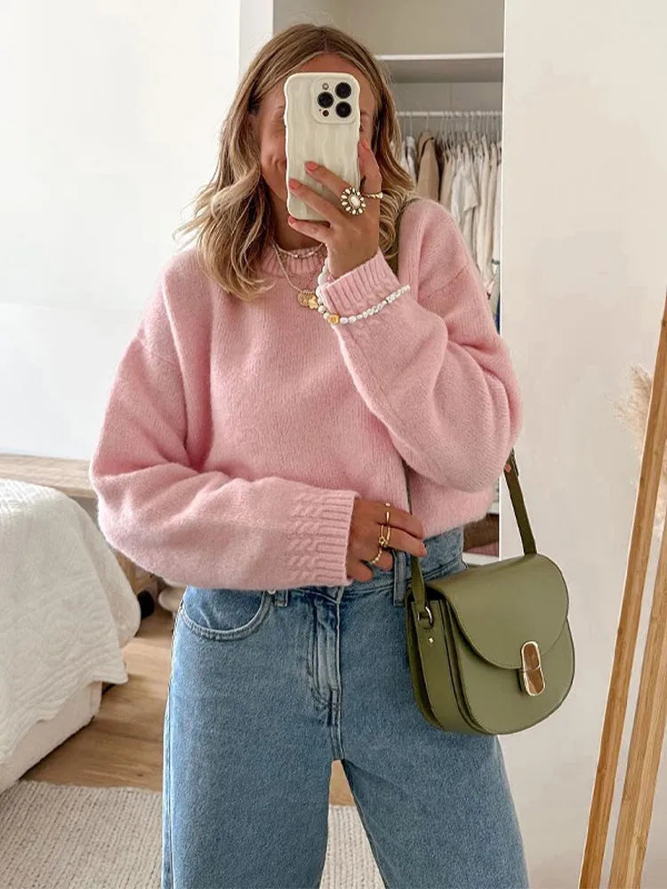 Solid Knit O-neck Elegant Women Pullover Long Sleeve Oversized Loose Soft Warm Sweater  Autumn Chic Casual Office Knitwears