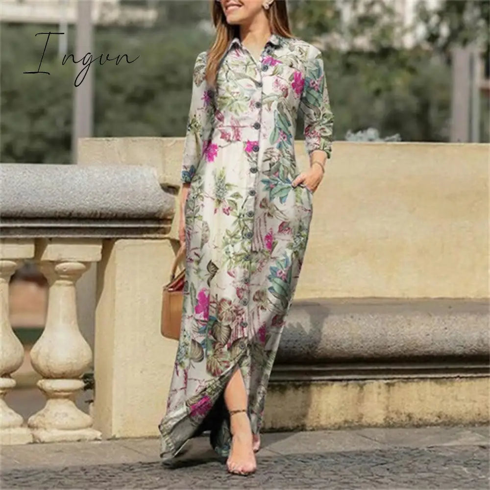 Ingvn - Fall Outfits Autumn Vintage Floral Printed Cotton Dress Women Casual Lapel Collar Button Up Dresses Bohemian Vestidos Long Robe
