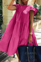 Ingvn - Casual Solid Patchwork O Neck Cake Skirt Dresses