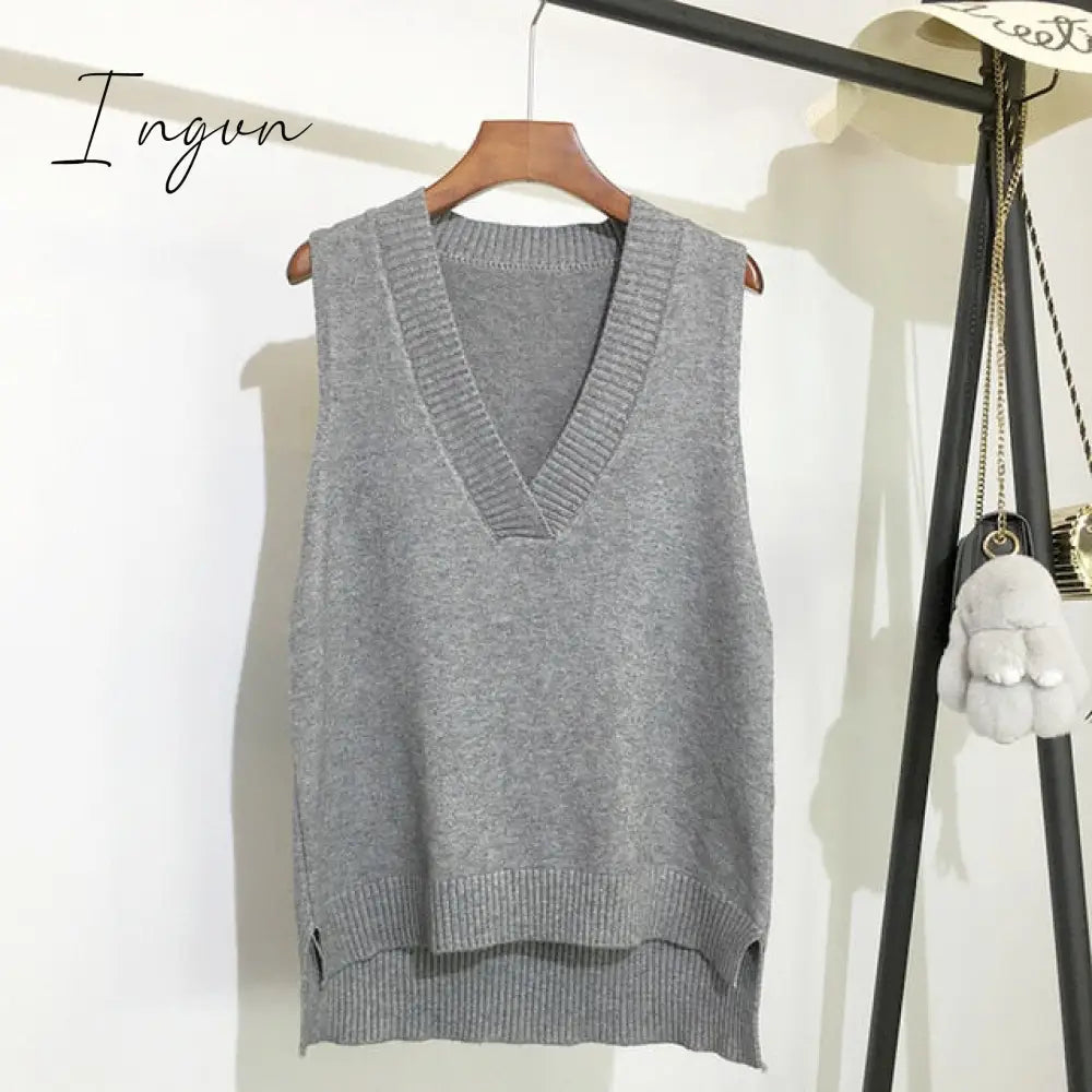 Ingvn - V-neck knitted Vest Women's Sweater Autumn And Winter New Korean Loose Wild Pink Sweater Vest Women Sleeveless Sweater 11810