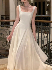 Ruffles Evening Party Dress for Women Elegant Sleeveless Square Collar A Line Solid Summer Prom Robe Korean Vestidos