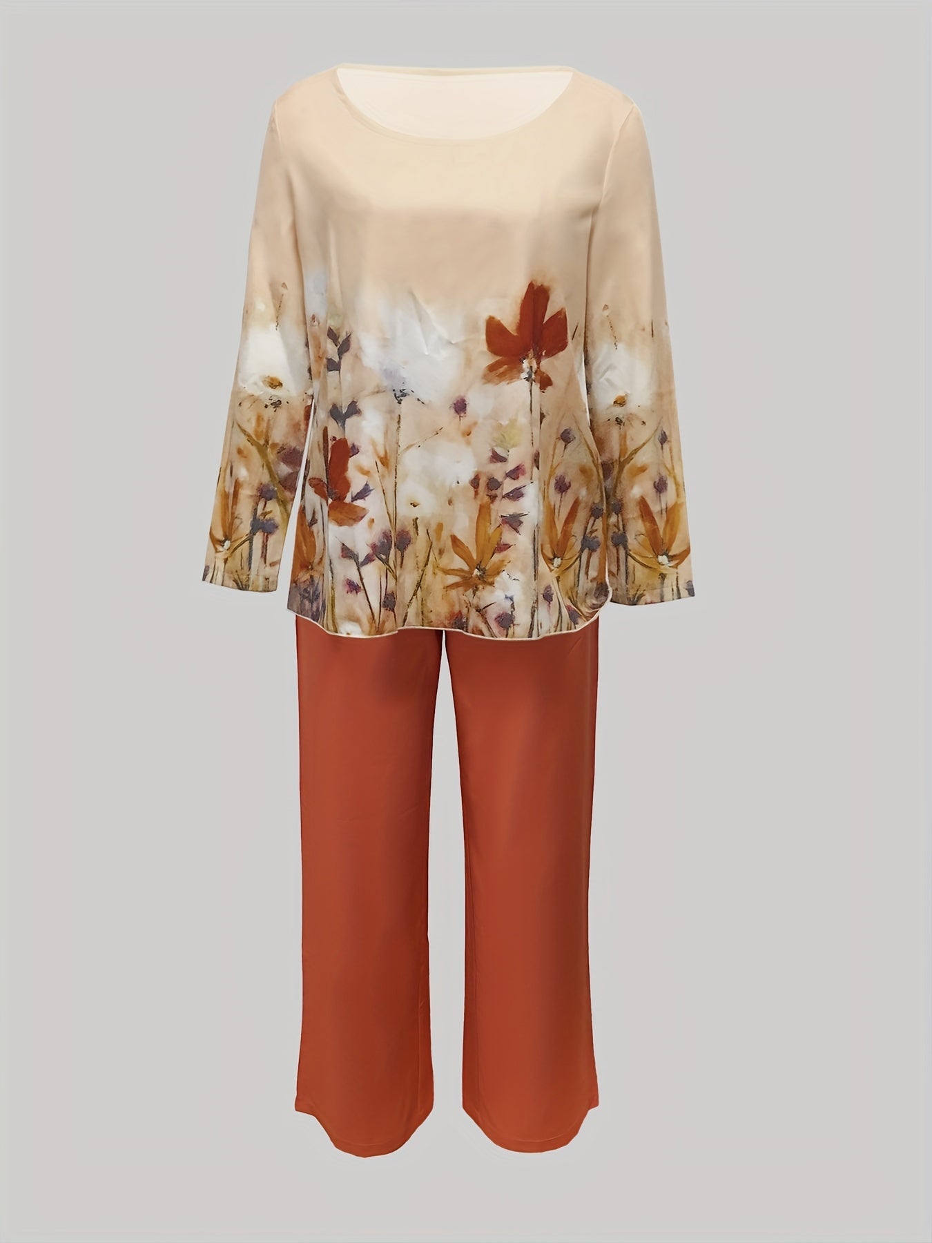 Trendy Floral Print Two-piece Set - Stylish Long Sleeve T-shirt & Wide Leg Pants Outfit - Comfortable Casual Wear for Women
