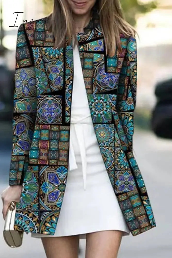 Ingvn - Casual Print Patchwork Cardigan Collar Outerwear