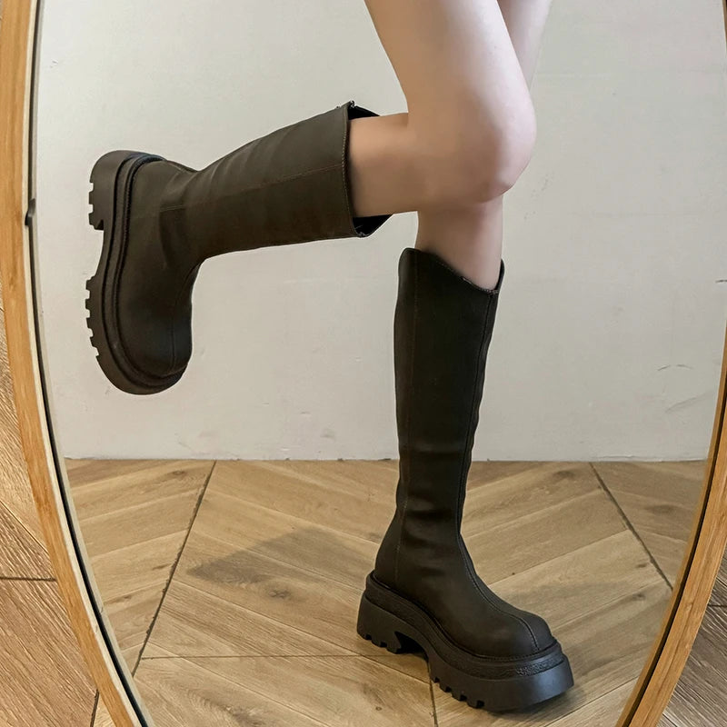 Ingvn  Vintage Platform Women Knee High Boots Fashion Back Zippers Shoes Autumn Winter Thick Heel Ladies Knight Long Booties