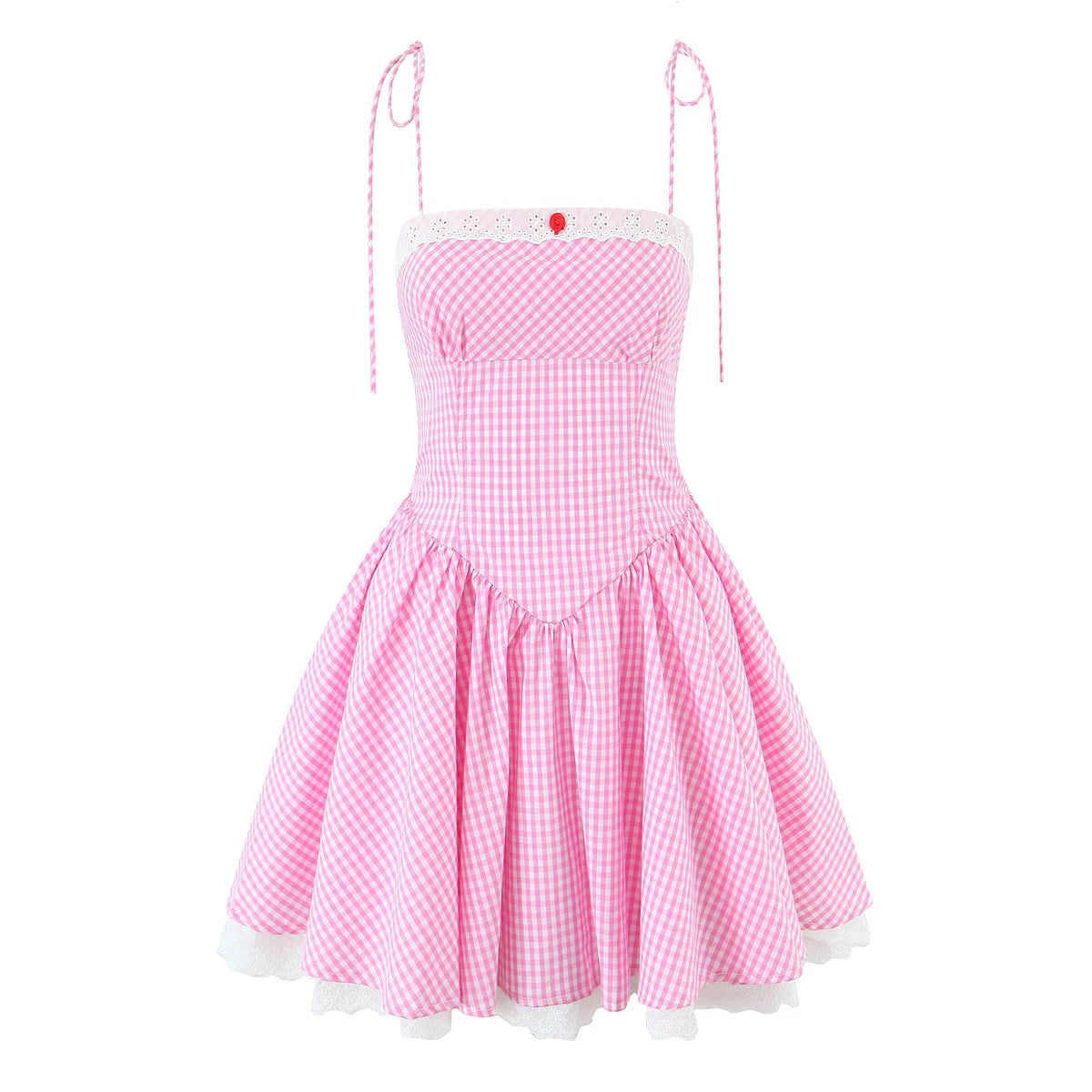 Sexy Spaghetti Straps pink Plaid Mini Dress Women Embroidery Lace Spliced Elegant A-line Summer Dresses Party Robe 2025