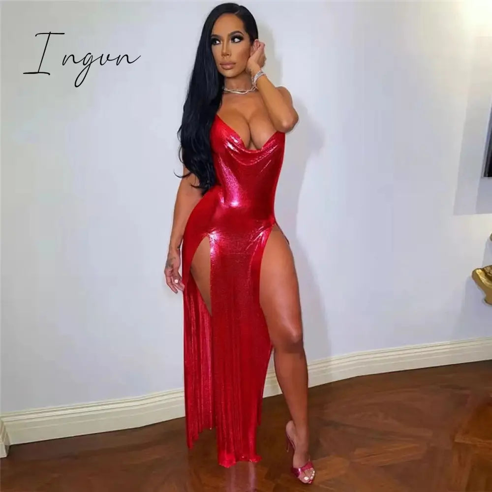 Ingvn - Sexy Glitter Metallic Off Shoulder Evening Dresses Women Night Party Festival Outfits Backless Side Split Long Dress Clubwear