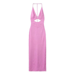 Summer Women Side Slit Front Hollow Out Satin Halter Long Dresses Sexy Backless Party Vestidos