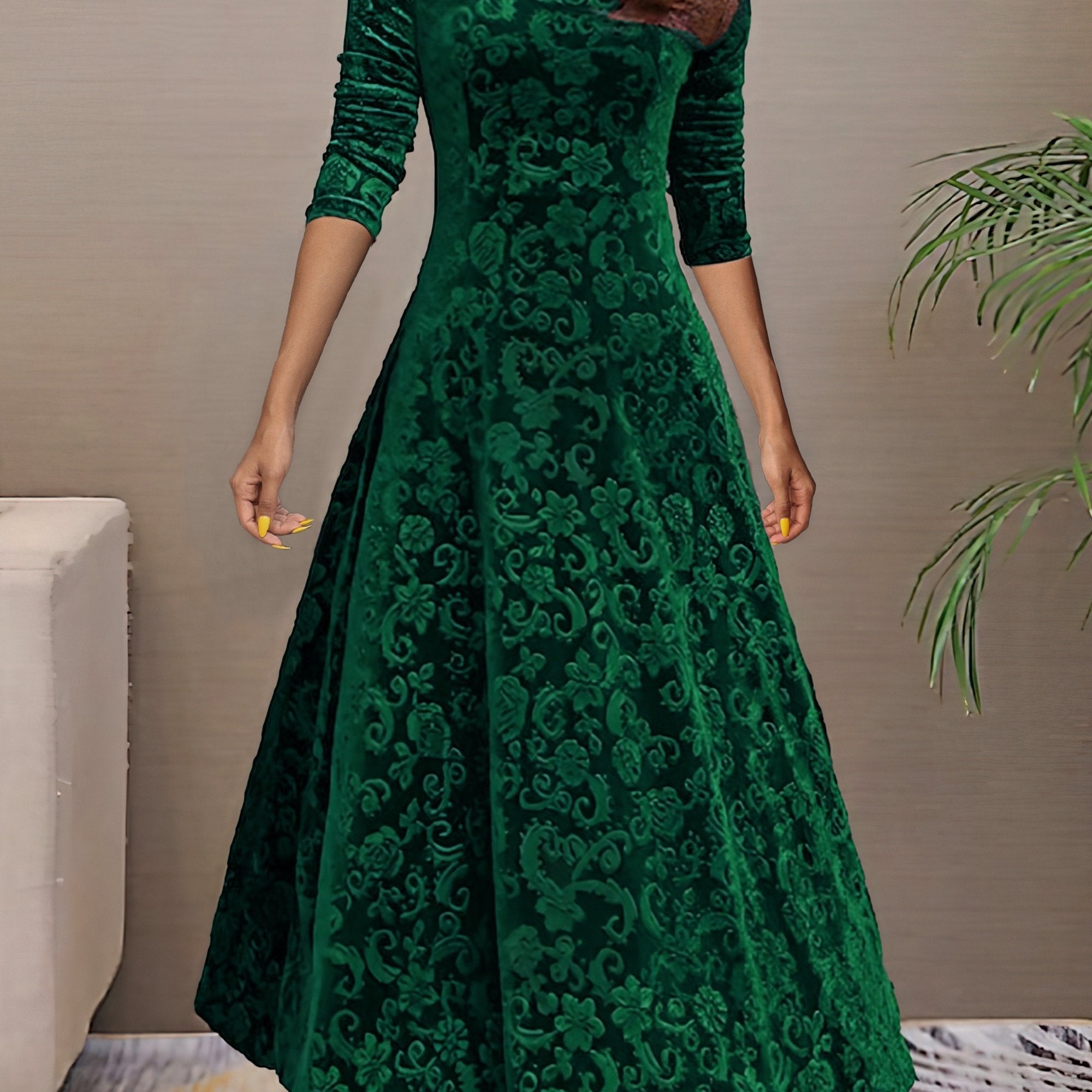 Vibrant Polyester Long Sleeve V-Neck Flared Dress - Elegant, High-Elasticity, Random Print, Machine Washable, All-Season Apparel for Women - Perfect for Spring and Fall Occasions