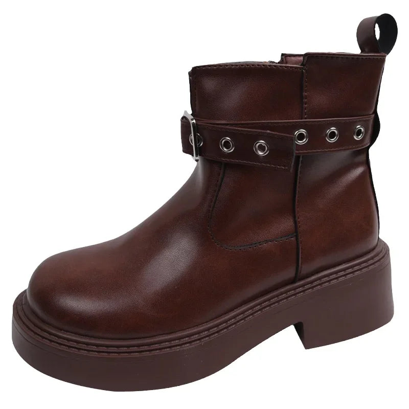 Ingvn  Thick Heel Women Ankle Boots Fashion Elegant Belt Buckle Shoes Spring Autumn Vintage Women's Morder Short Booties