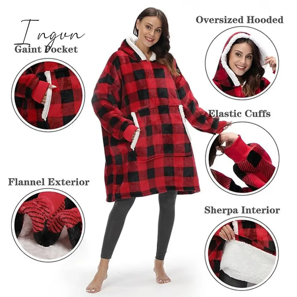 Ingvn - Women‘s Couple‘s Pajamas Nightgown Hoodie Blanket Wearable Blanket Christmas Grid / Plaid Pure Color Plush Simple Comfort Home Party Fleece Warm Gift Patchwork Pocket Fall Winter Black Gray