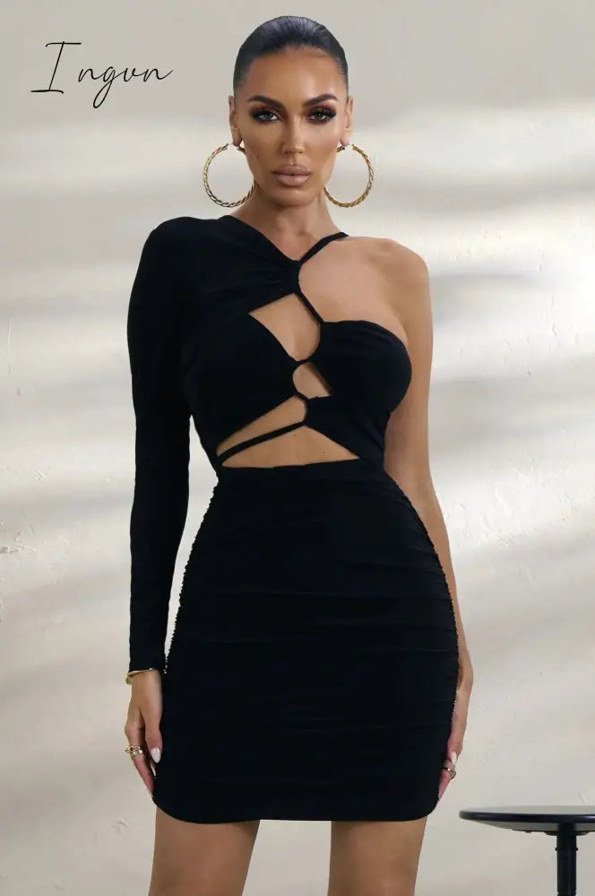 Ingvn - European-American Style Women's Pleated Buttocks New Sexy One-Shoulder Bra Long-Sleeved V-Neck Cut-Out Dress