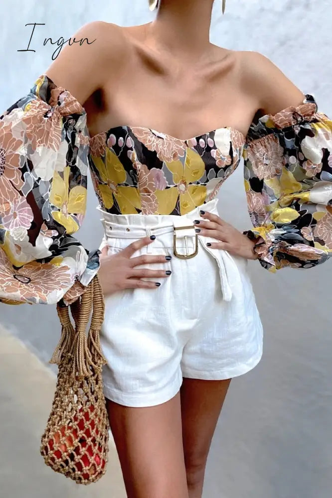 Ingvn - Summer Sexy Off The Shoulder Blous Women Fashion Slash Neck Tube Top Floral Puff Sleeve Blouse Women