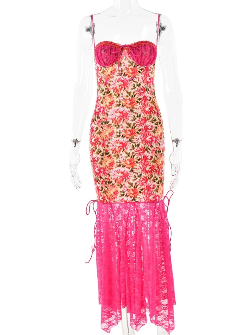 Ingvn  Woman Spaghetti Strap Lace Patchwork Evening Dress Sexy Bandage Floral Printed Backless Bodycon Long Party Birthday Dresses