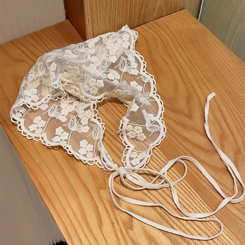 White Woven Floral Lace Hair Scarf Wraps Women Retro Triangle Headscarf Hat Travel Photo Headband Hair Accessories