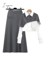Ingvn - Spring Autumn Large Size Women's Shawl Shirt Three-piece Set+High Waist Knitting Half-body Skirt Set Women Fashion 3 Piece Set