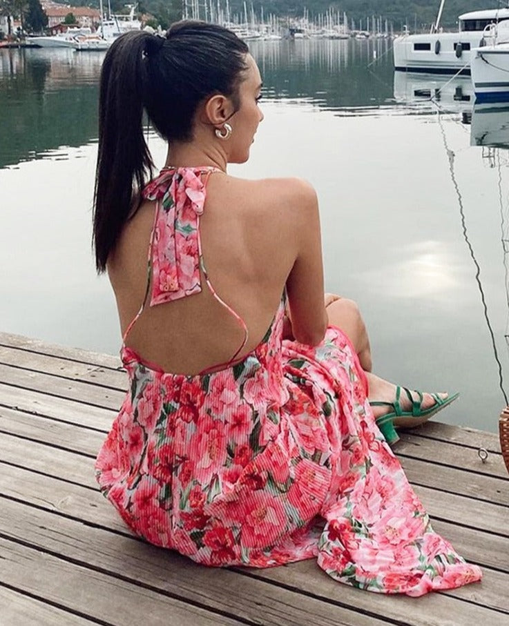 Sleevelss Halter Maxi Summer Dress for Women Sexy Backless Beach Pink Boho Robe Femme  Lace Up Sundress Floral Dress