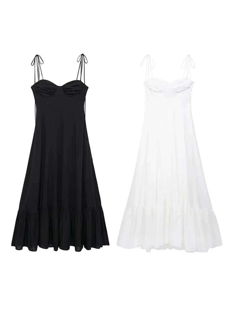 Female Beach Style Dress White Sling Sleeveless Backless Lace-Up Decoration Zipper Summer Fashion Women Long Dresses