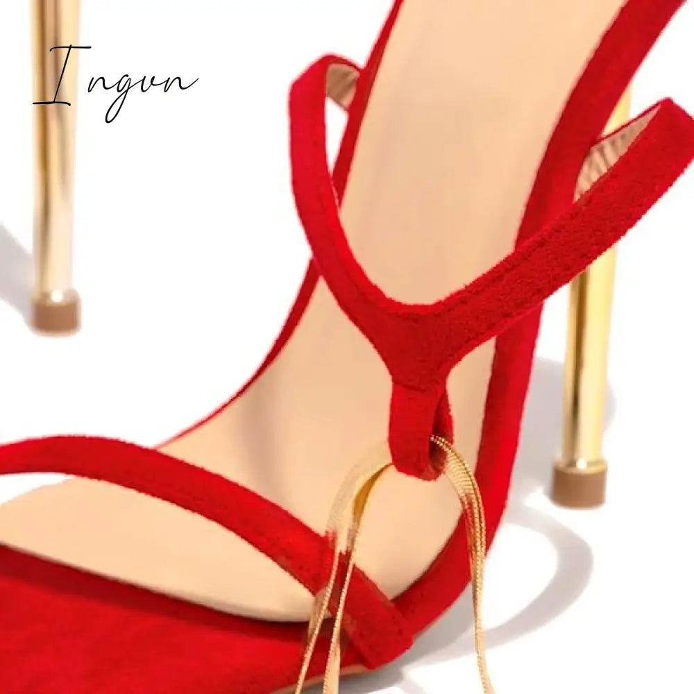 Ingvn - Herringbone Adjustable Ankle Chain Open Squared Toe Heels