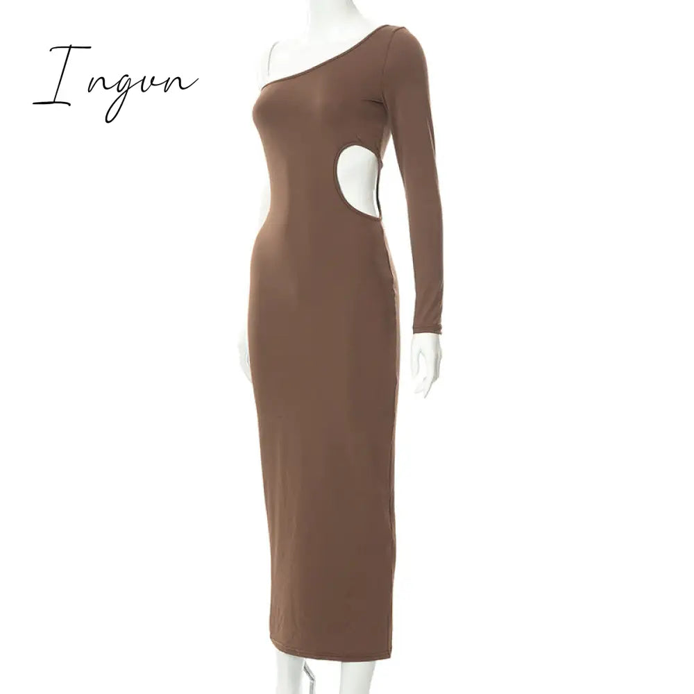 Ingvn - Long Sleeve One Shoulder Sexy Maxi Dress For Women Elegant Cut Out Party Prom Evening Bodycon Long Dresses Fall White Brown