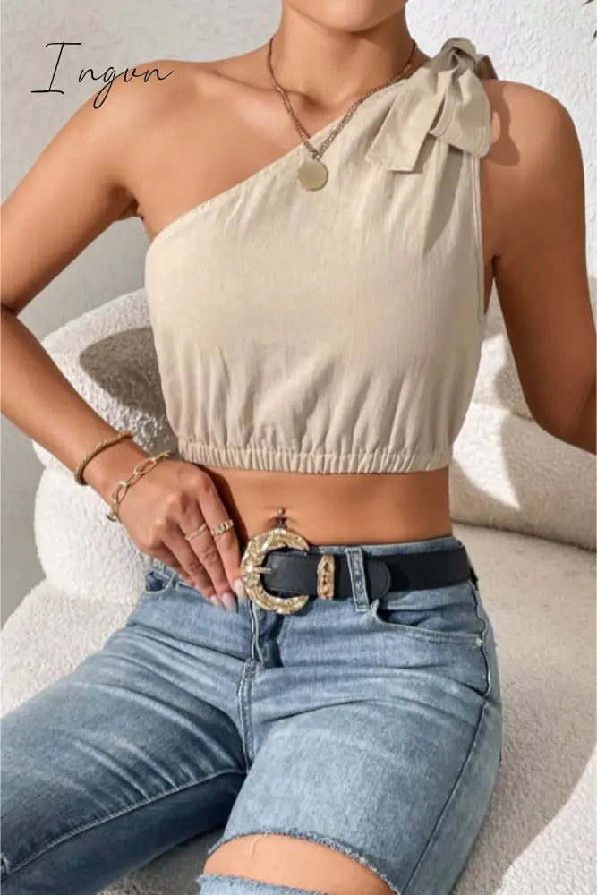 Ingvn - Cropped One-Shoulder Striped Tie Shoulder Tank