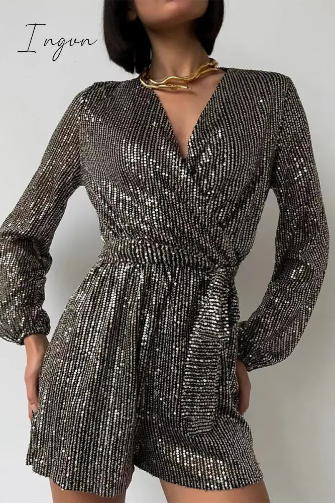 Ingvn- Solid Bandage Sequins V Neck Loose Rompers