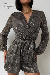 Ingvn- Solid Bandage Sequins V Neck Loose Rompers