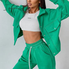 Ingvn - Women Casual Two Piece Sets Autumn Winter Fashion Female Warm Suits Turn-Down Collar Jacket And Drawstring Trouser Tracksuits