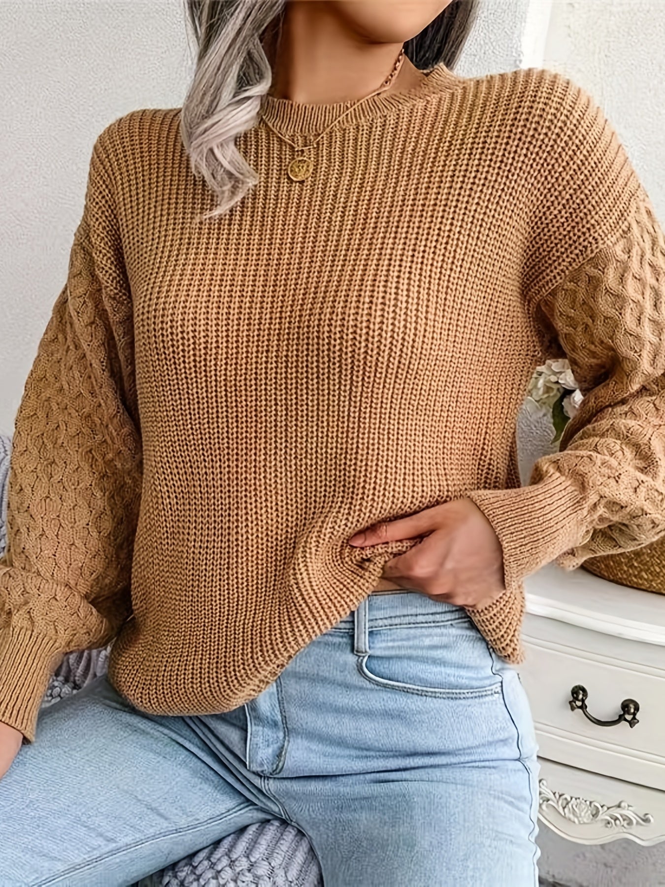 Solid Crew Neck Pullover Sweater, Casual Lantern Sleeve Loose Sweater For Fall & Winter, Women's Clothing