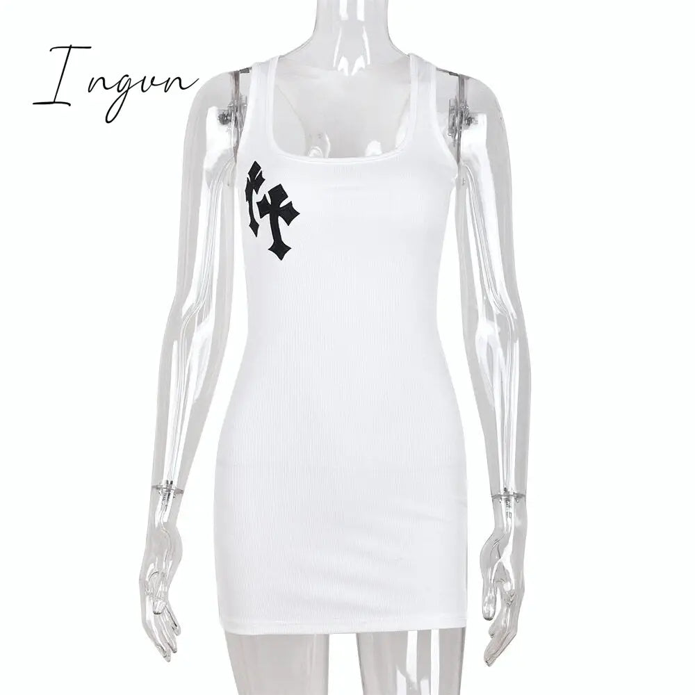 Ingvn - Cross Print White Sexy Dress For Women Summer Sleeveless Square Collar Tank Mini Dress Casual Party Y2K Bodycon Dresses