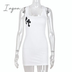 Ingvn - Cross Print White Sexy Dress For Women Summer Sleeveless Square Collar Tank Mini Dress Casual Party Y2K Bodycon Dresses