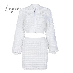 Ingvn - 2 Piece Sets Skirts for Women 2023 Long Sleeve Solid Pencil Skirt Open Umbilical Zip Popcorn Pencil Skirts Crop Top