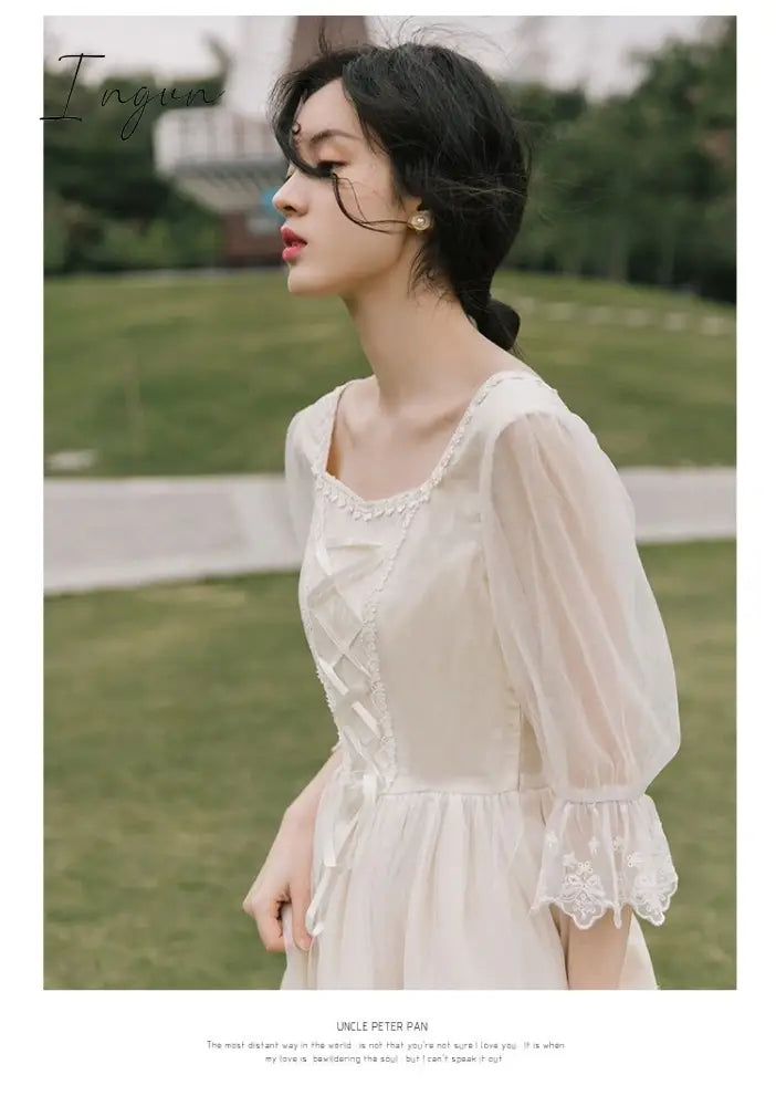 Ingvn - Vintage Retro Dress Women French Style Elegant Designer Fairy Dress Casual Slim Chiffon Party Dress  Autumn Women's Clothing