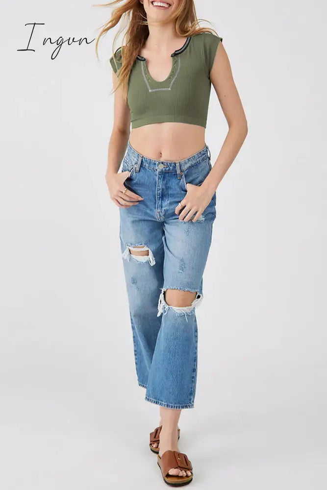 Ingvn - Sexy Street Solid Patchwork U Neck T-Shirts