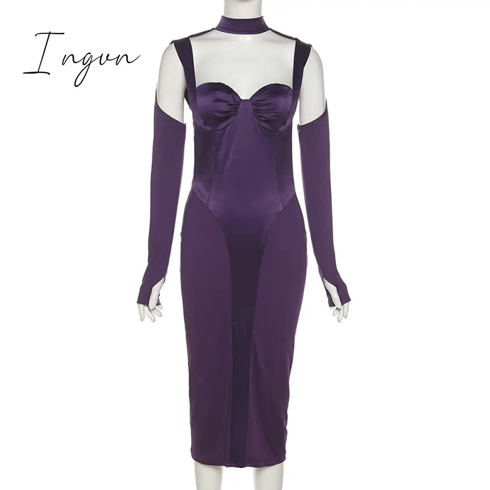Ingvn - Trends Long Sleeve Satin Party Midi Dresses For Women Elegant Cut Out Autumn Winter Chest Wrapping Bodycon Dress Night Clubwear