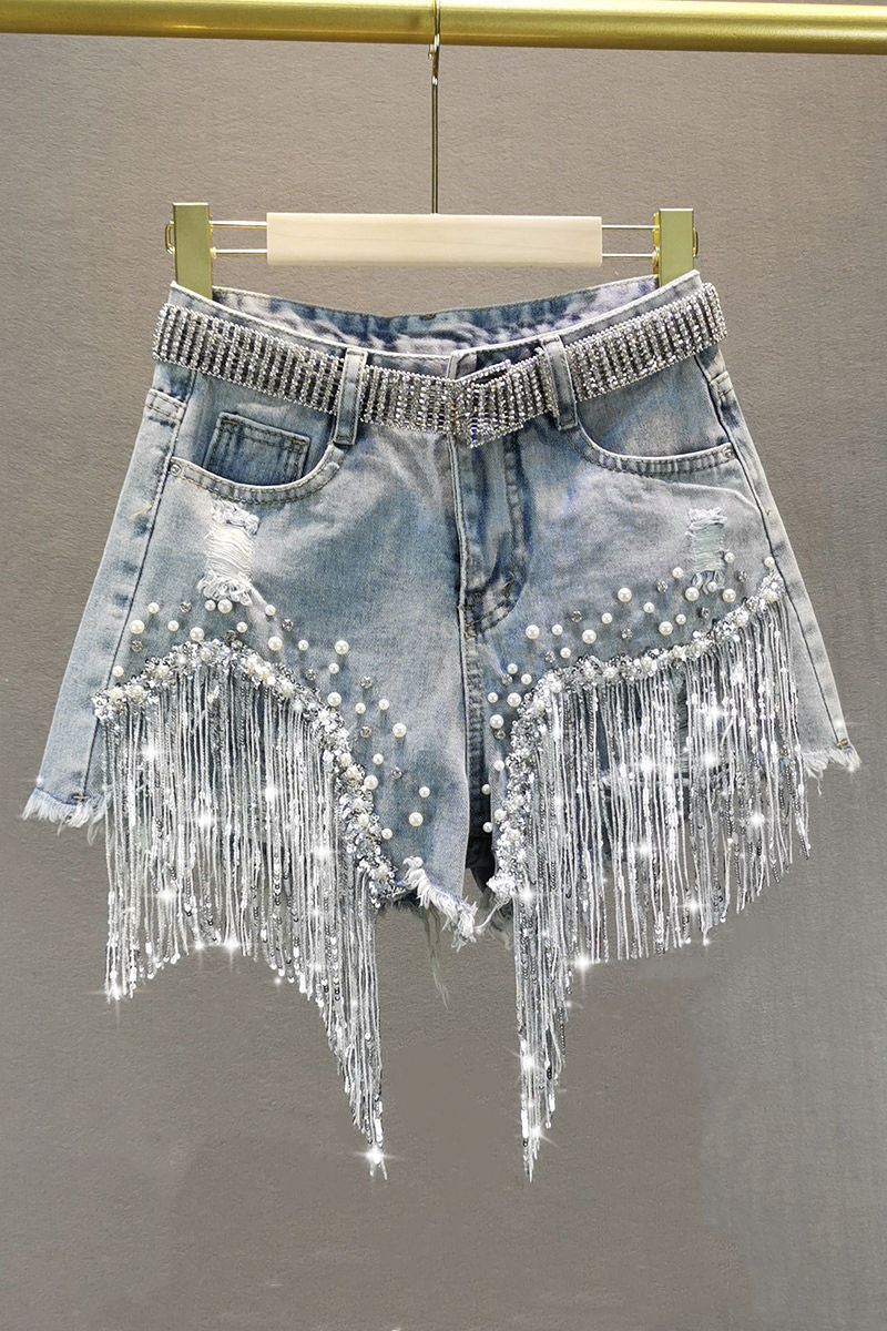 S-5XL Waist Beads Tassel Women'S Denim Shorts Summer Beading Wide Leg Thin Oversized Jeans Korean Streetwear Women Clothes