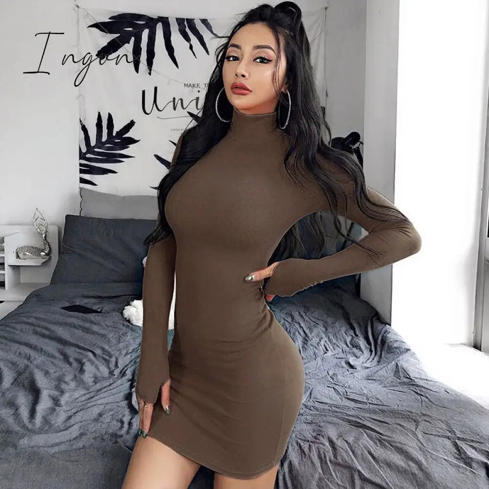 Ingvn - Autumn Long Sleeve Bottom Dress for Women High Collar Temperament Solid Color Dress Bodycon Mini Dresses Female Harajuku