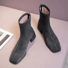 Square Toe Suede Short Boots Women's Autumn Winter Elastic Thick Heel Back Zip Ankle Boots Fashion Gray Black Botas De Mujer