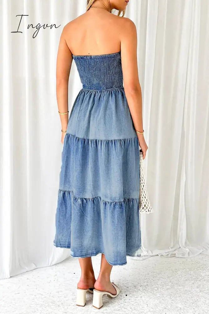Gradual Change Pocket Slit Strapless Sleeveless Denim Dresses