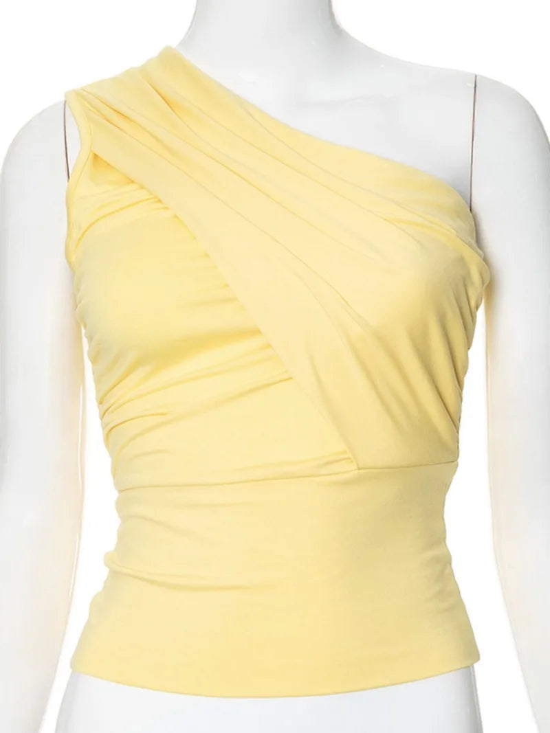 Ingvn  Yellow Tank Tops Women's Summer One Shoulder Sleeveless Short T-shirt Y2K Streetwear  Fashion Diagonal Collar Slim Crop Top