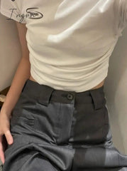 Ingvn - Fashion T-shirt O-neck Short Sleeve White Woman Tshirts Crop Tops Y2k Clothes Tunic Folds Summer Chic Tees 2023 Shirts for Women
